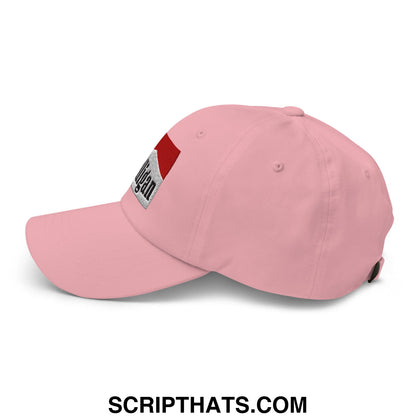 Pink unstructured golf dad hat with red and silver embroidered mulligan cigarette patch on the side