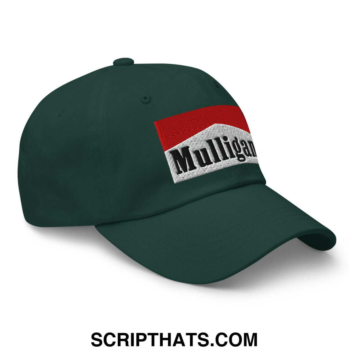 Dark green unstructured golf dad hat featuring an embroidered mulligan logo with a red stripe on textured white background