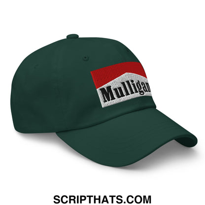 Dark green unstructured golf dad hat featuring an embroidered mulligan logo with a red stripe on textured white background