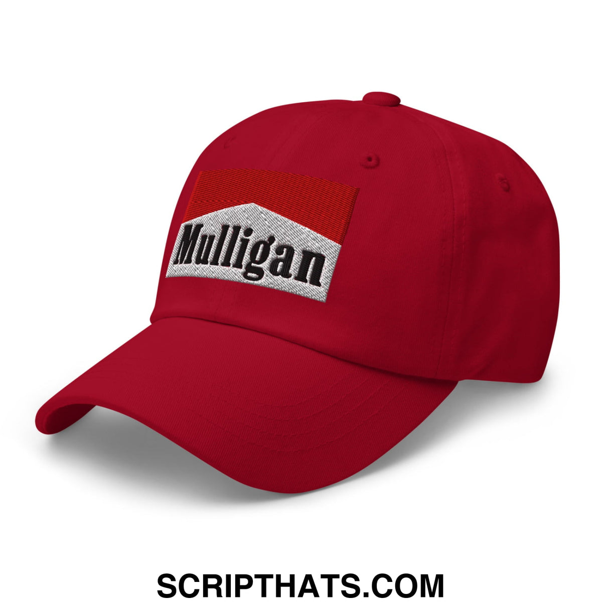 Red embroidered unstructured golf dad hat with mulligan patch in white and red featuring black lettering