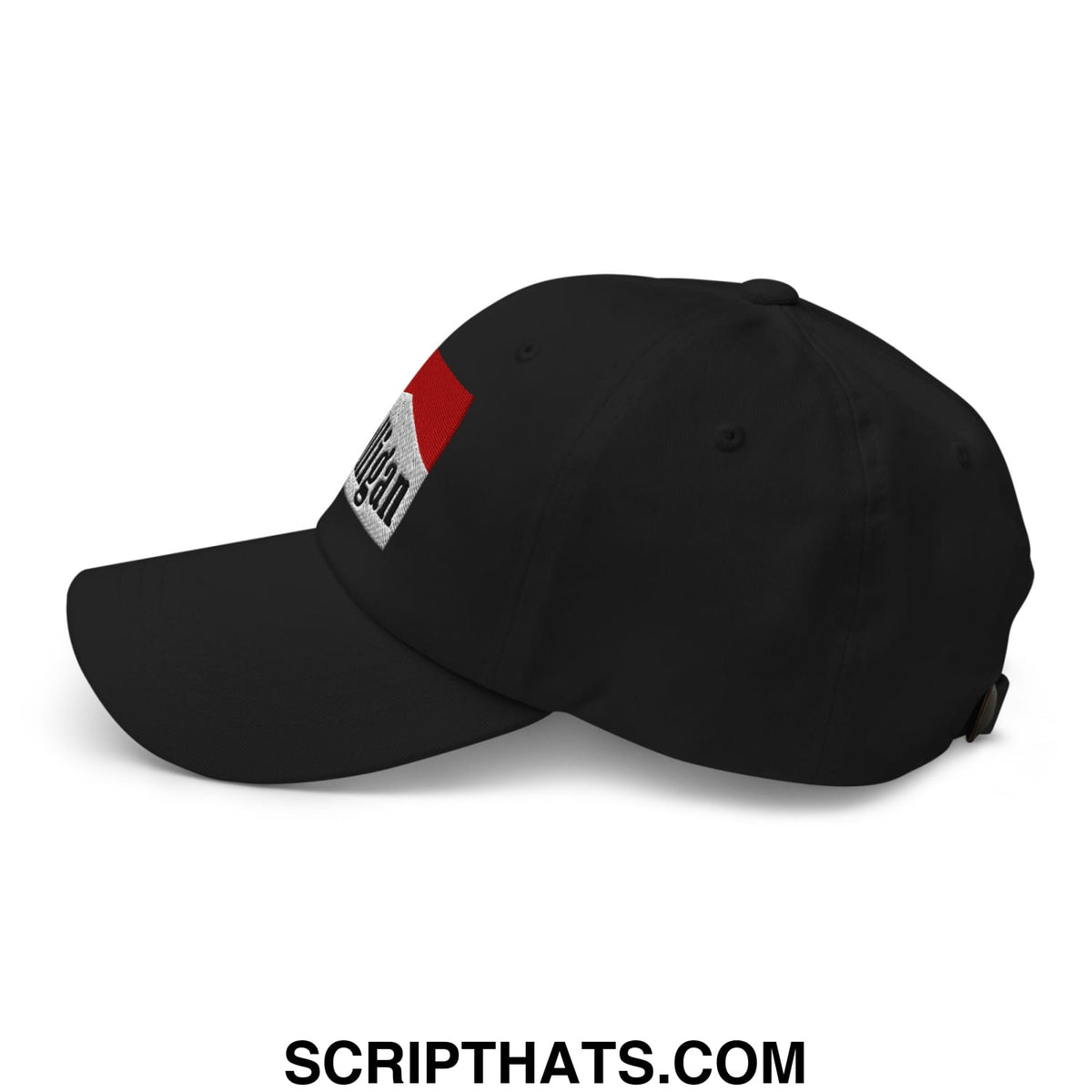 Black unstructured golf dad hat featuring a red and white embroidered patch with morgan in black lettering