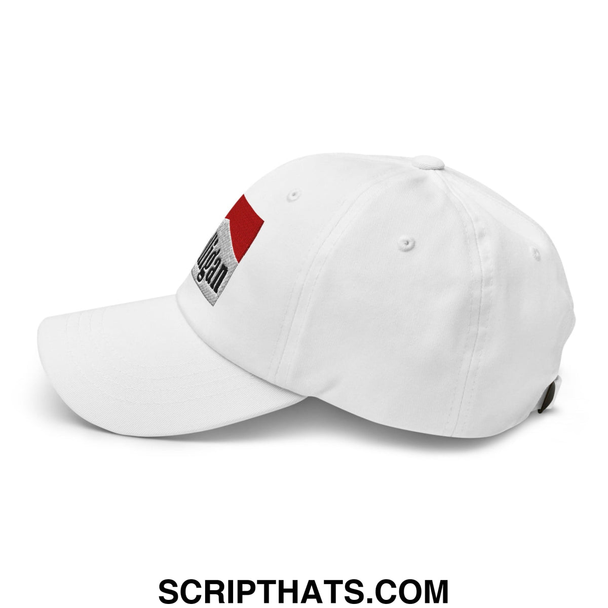 White unstructured golf dad hat with red and silver embroidered mulligan cigarette logo on the side