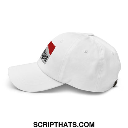 White unstructured golf dad hat with red and silver embroidered mulligan cigarette logo on the side
