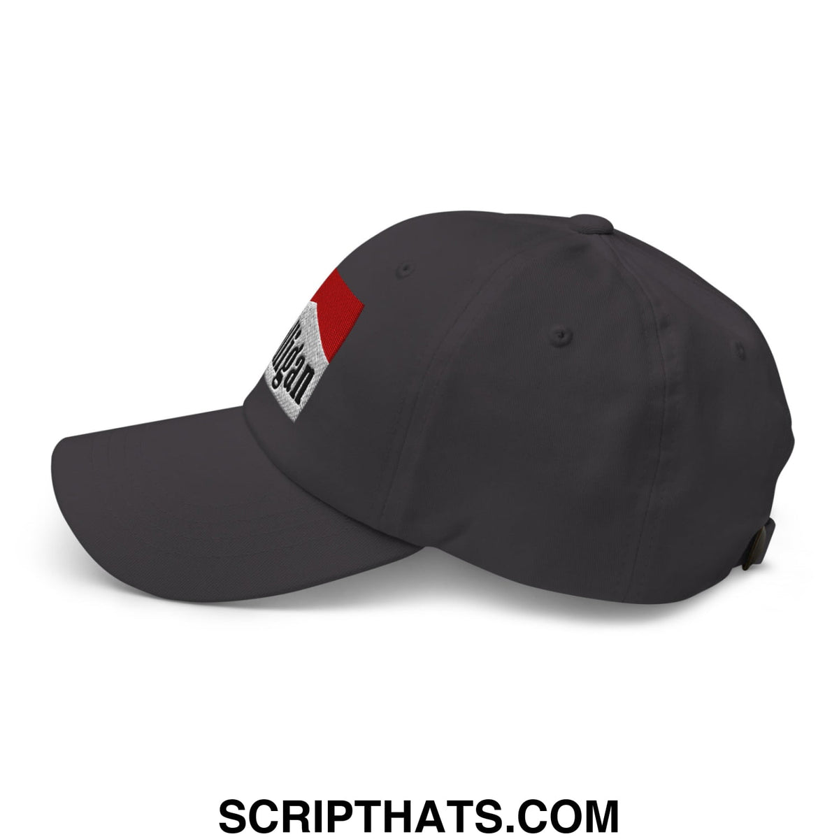 Dark gray unstructured golf dad hat with red and white embroidered morgan patch for casual and sports use