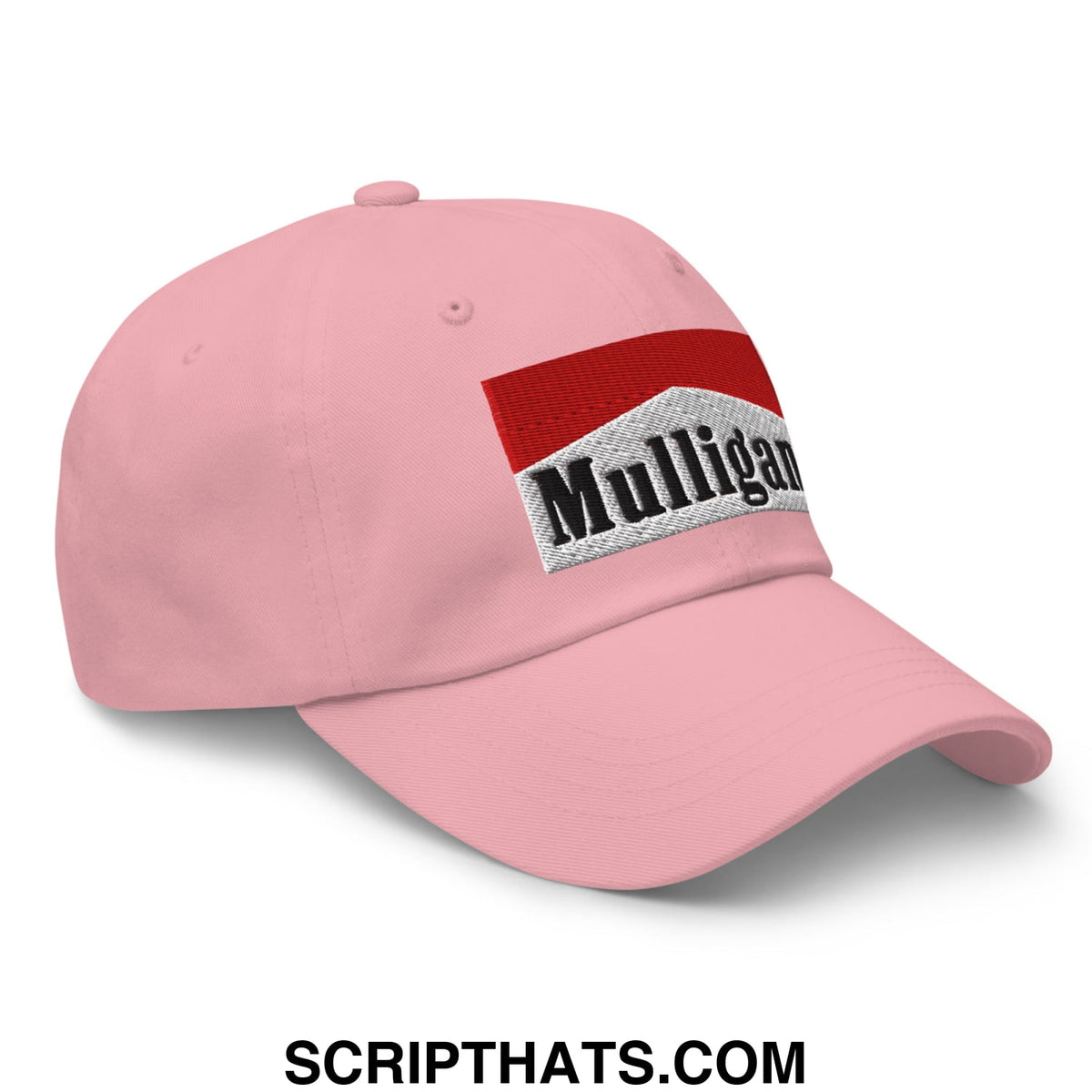 Pink unstructured golf dad hat featuring marlboro-style red white and black embroidered logo for casual wear