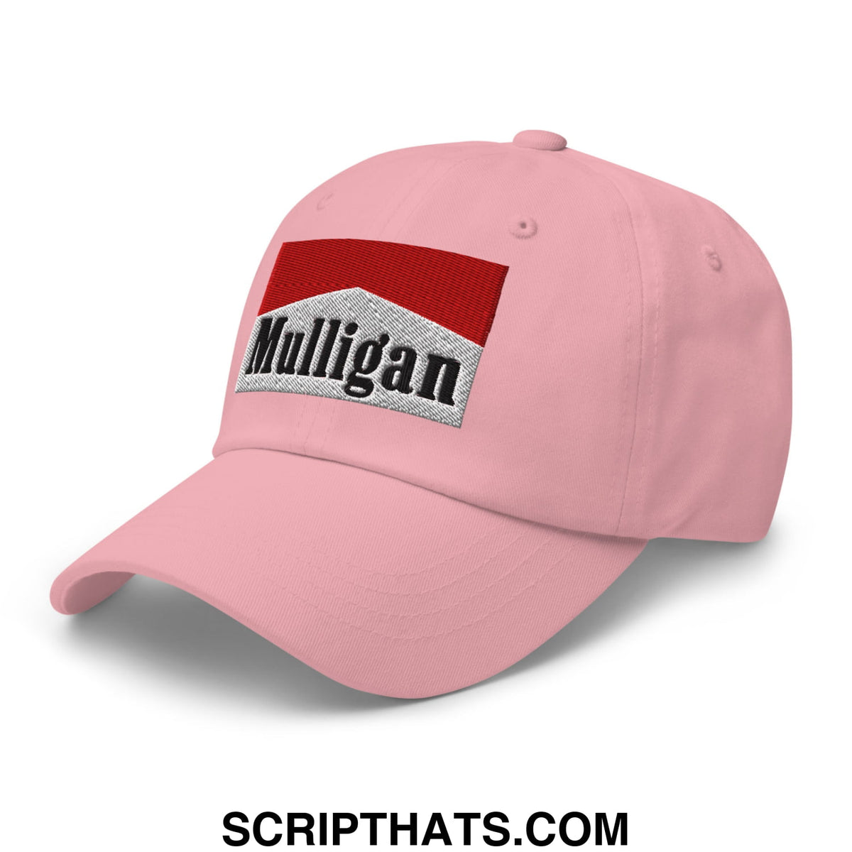 Pink unstructured golf dad hat with mulligan embroidered patch resembling marlboro logo in red and silver