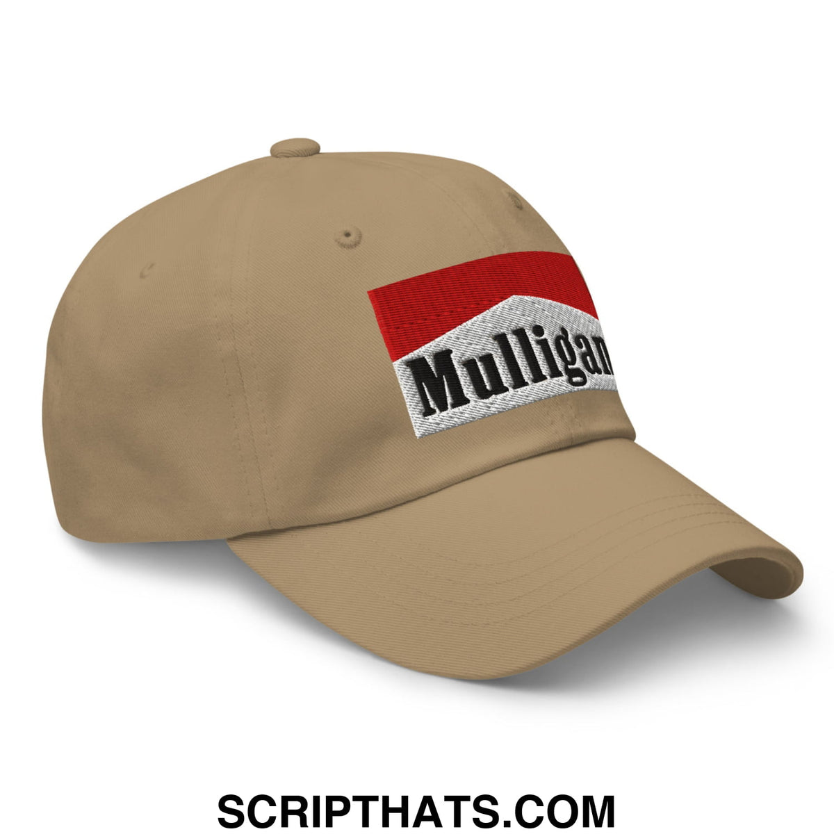 Beige unstructured golf dad hat with embroidered marlboro-style red white and black mulligan cigarette logo