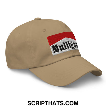Beige unstructured golf dad hat with embroidered marlboro-style red white and black mulligan cigarette logo