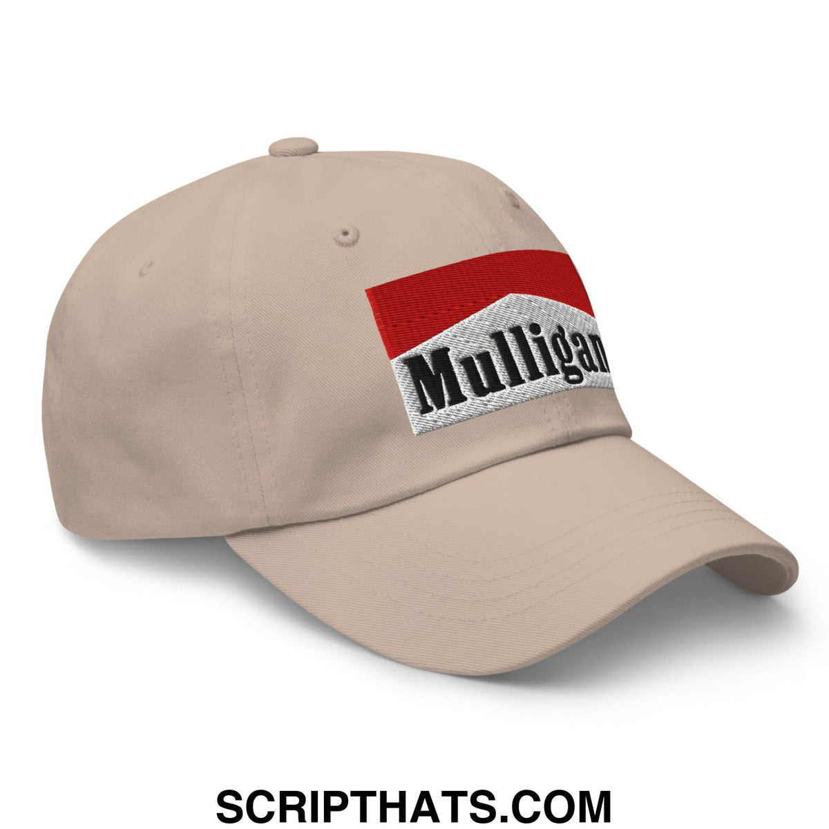Beige unstructured golf dad hat with red and white embroidered cigarette patch and mulligan lettering in black