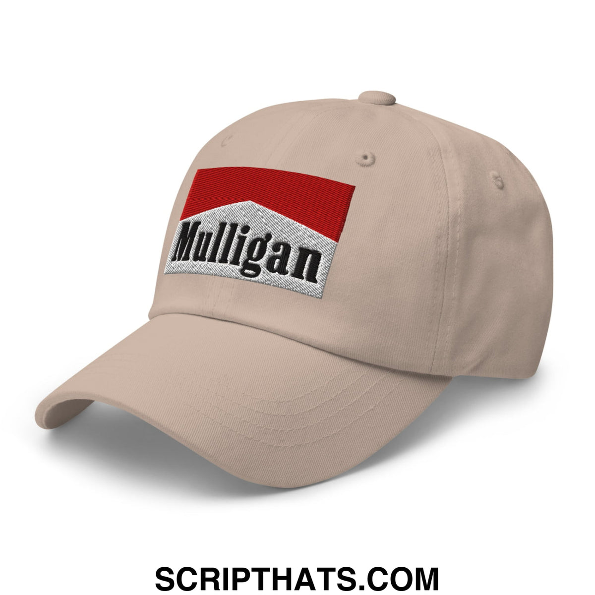 Beige unstructured golf dad hat with red and silver embroidered mulligan logo patch for casual outdoor wear