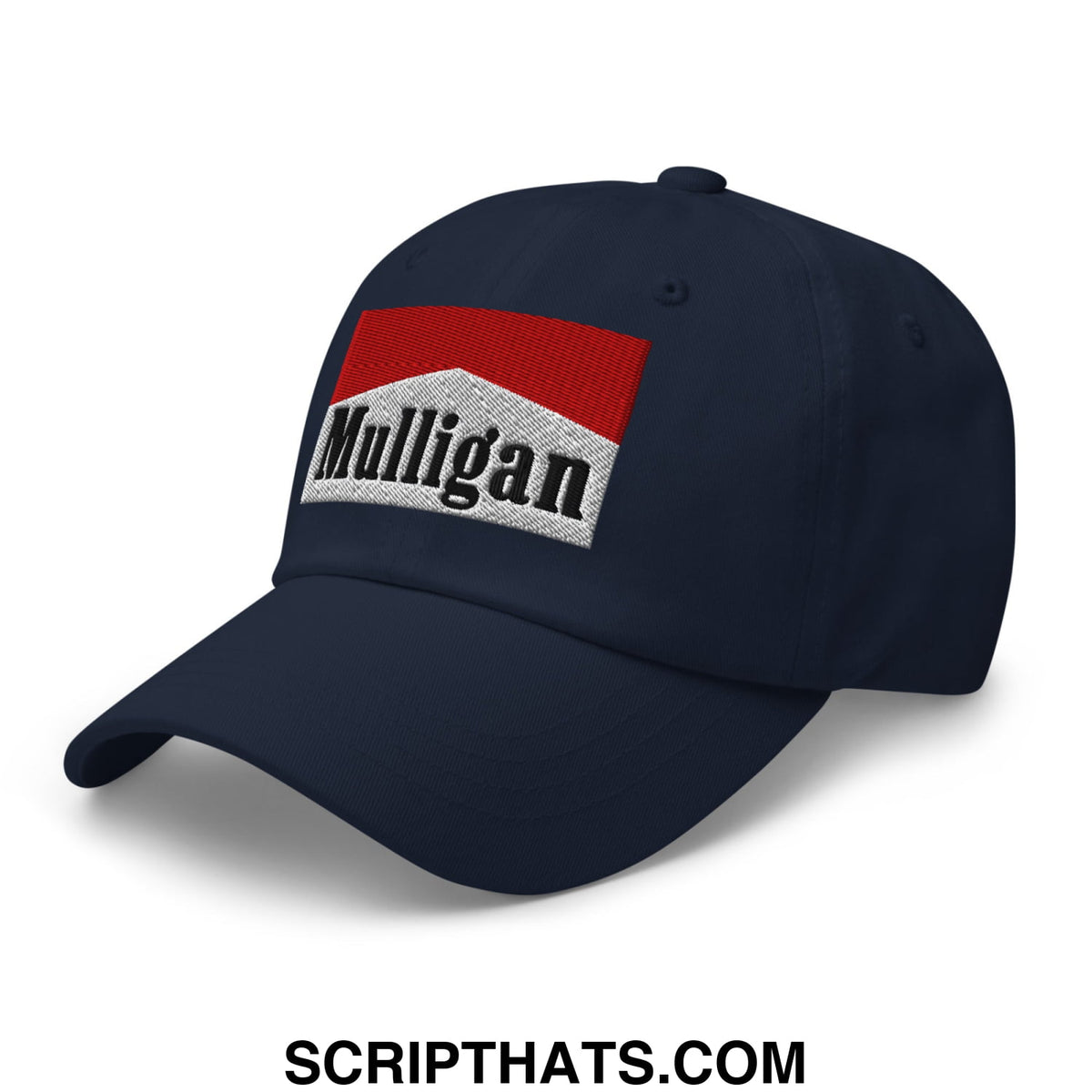 Navy blue unstructured golf dad hat with red and white embroidered mulligan cigarette logo design