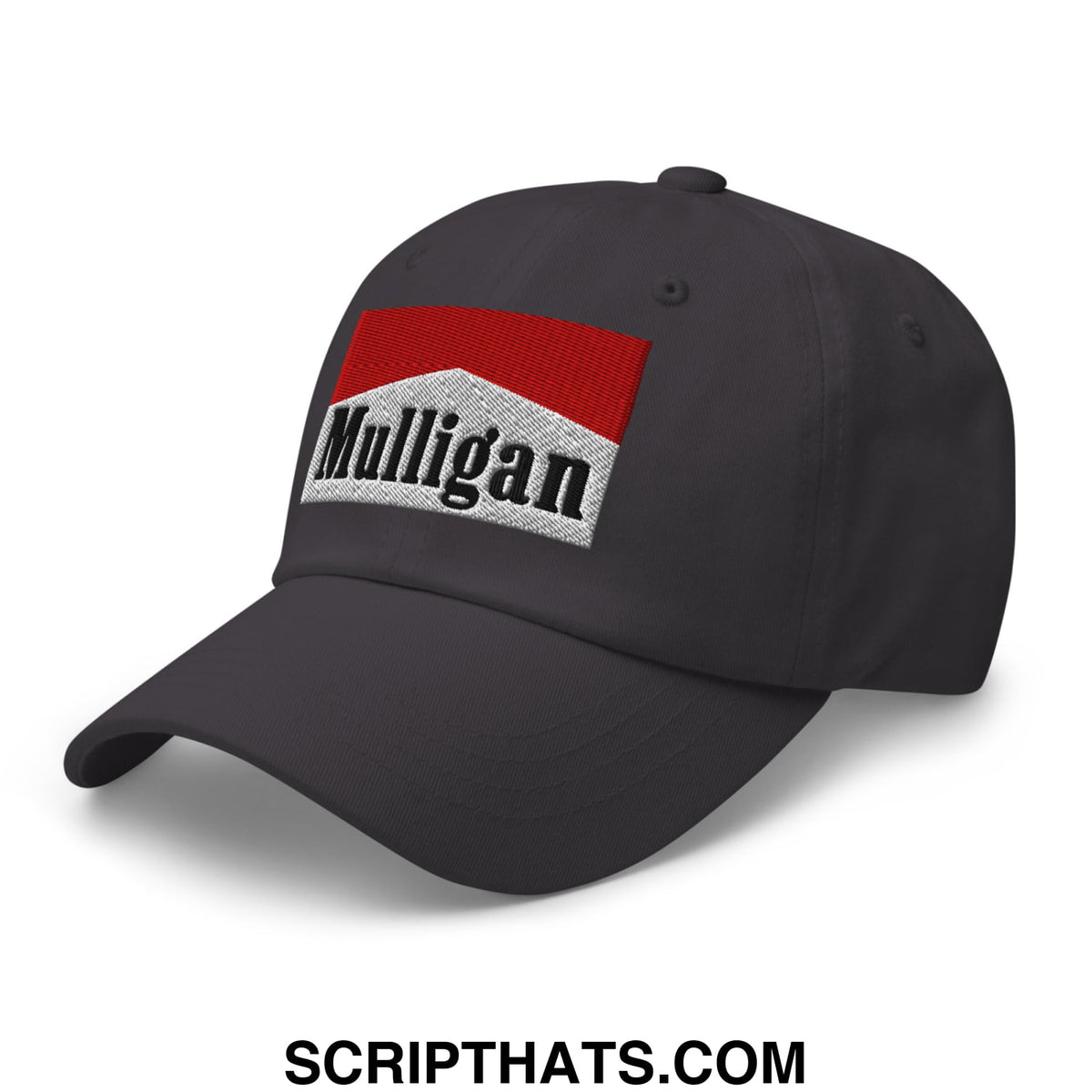 Black unstructured golf dad hat with red and white embroidered mulligan cigarette logo design