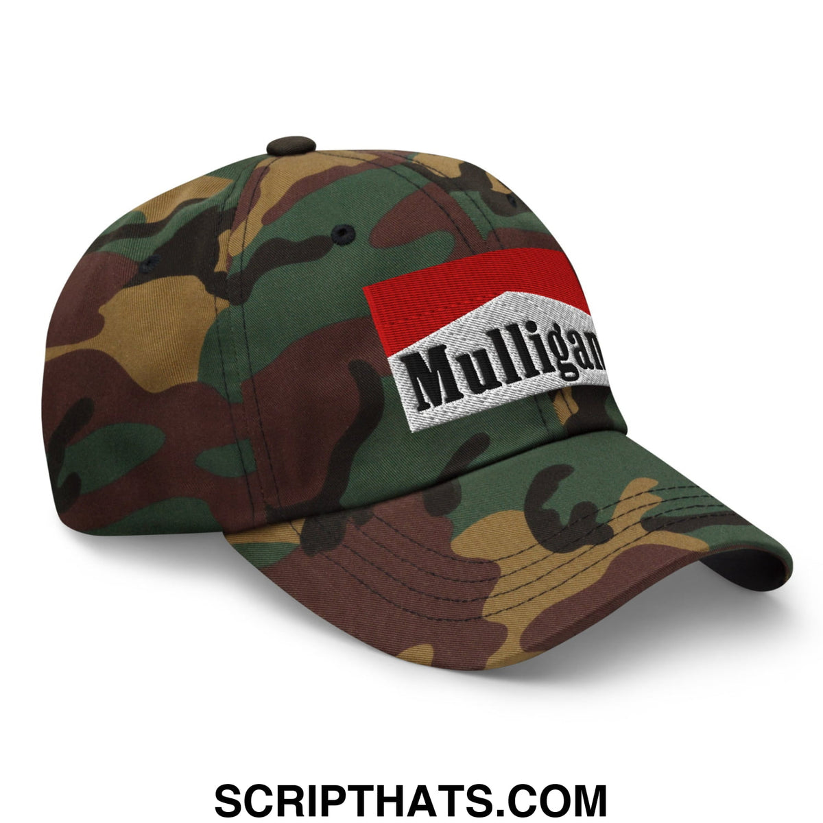 Camouflage baseball cap with red and white embroidered mulligan logo patch unstructured golf dad hat