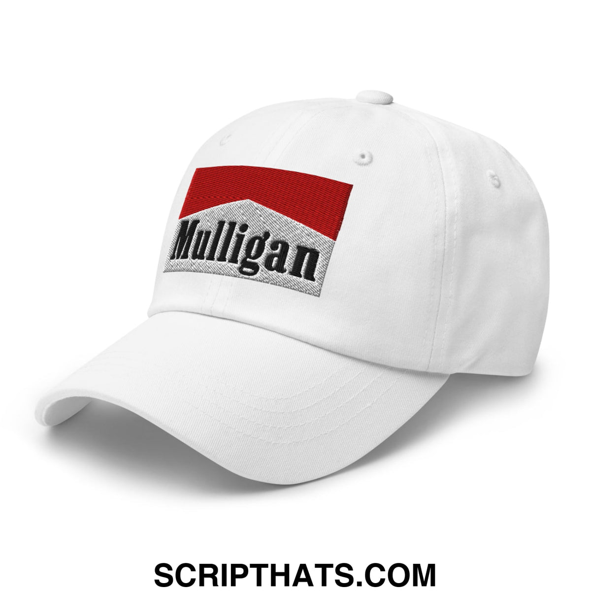 White unstructured golf dad hat with embroidered mulligan cigarette red and gray logo on front panel