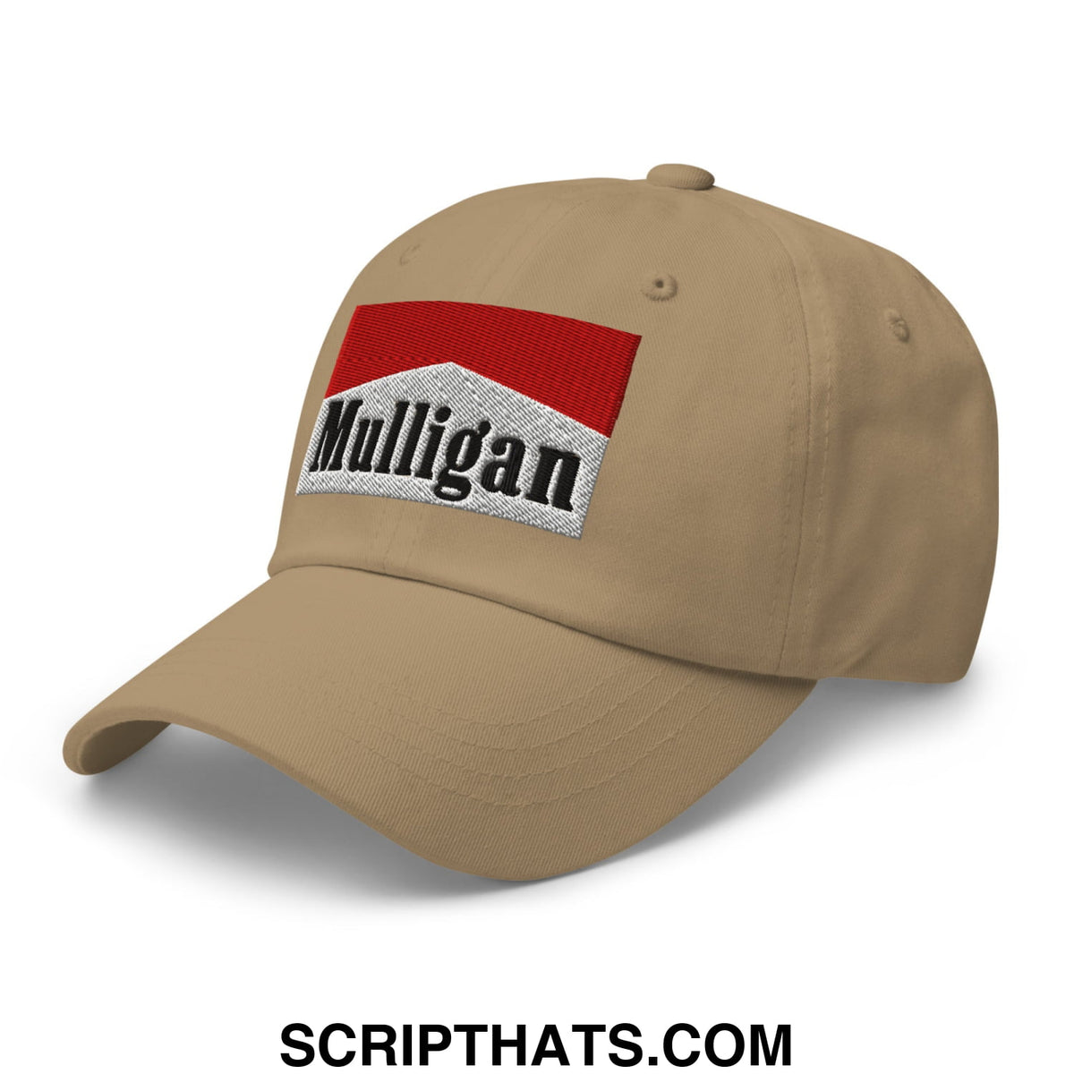 Beige baseball cap with red and white embroidered mulligan patch in black lettering for golf dad hat style