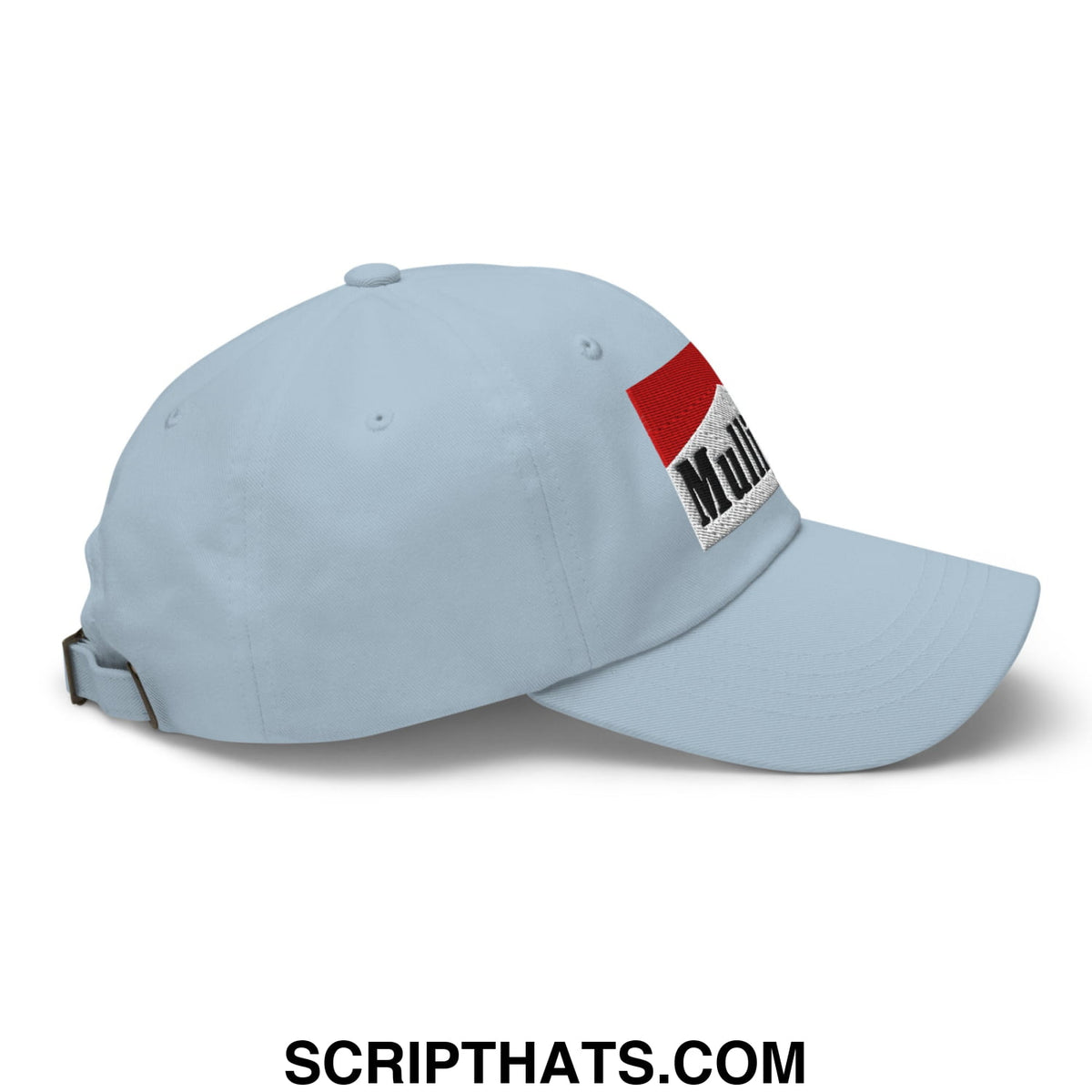 Light blue unstructured golf dad hat with red and white mulligan cigarette embroidered logo on the side