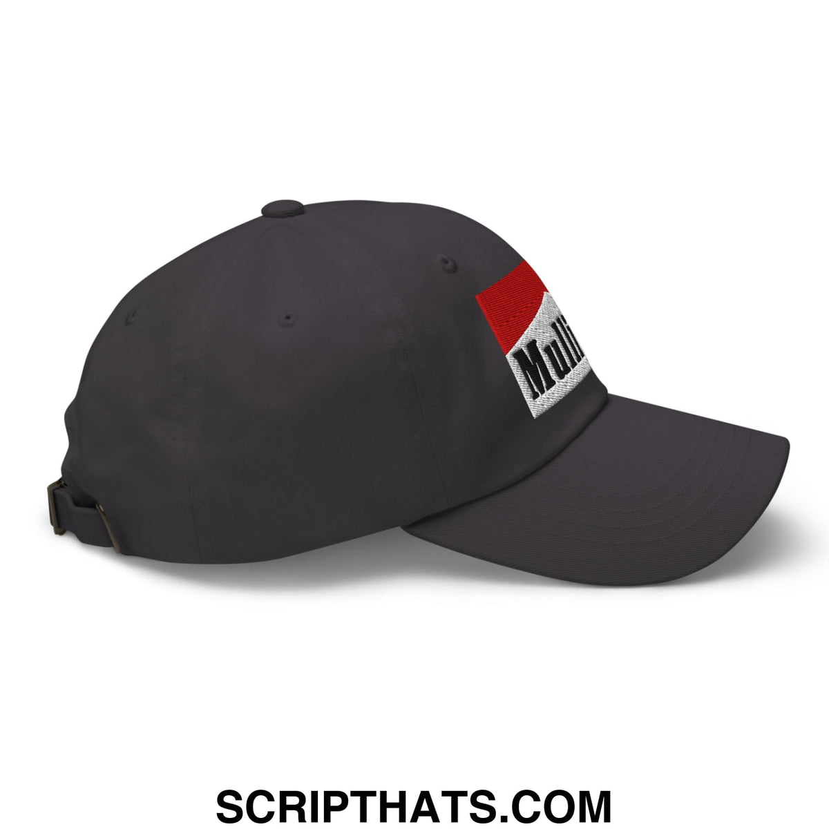 Dark gray mulligan cigarette red embroidered unstructured golf dad hat with red and white logo on the side