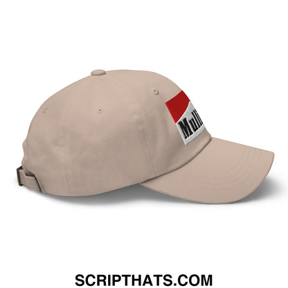 Beige unstructured golf dad hat with red and white mulligan cigarette embroidered logo and black lettering