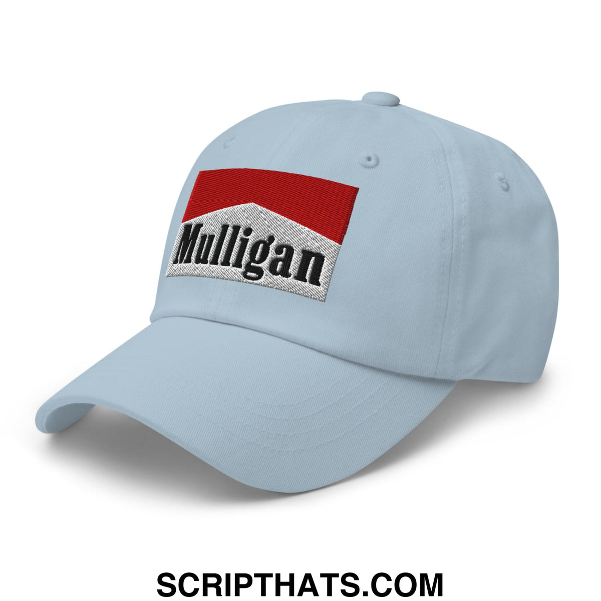 Light blue unstructured golf dad hat with red and silver embroidered mulligan patch for casual wear