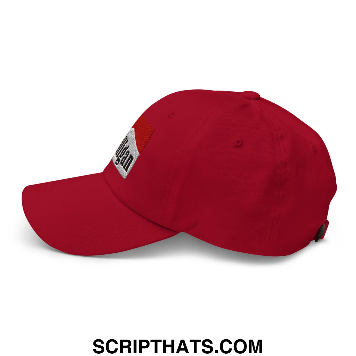 Red embroidered unstructured golf dad hat featuring a white patch with morgan in black lettering