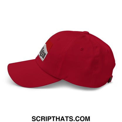 Red embroidered unstructured golf dad hat featuring a white patch with morgan in black lettering
