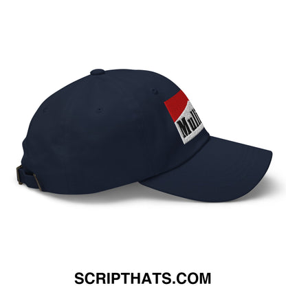 Navy blue unstructured golf dad hat with red and white mulligan cigarette embroidered logo on the side
