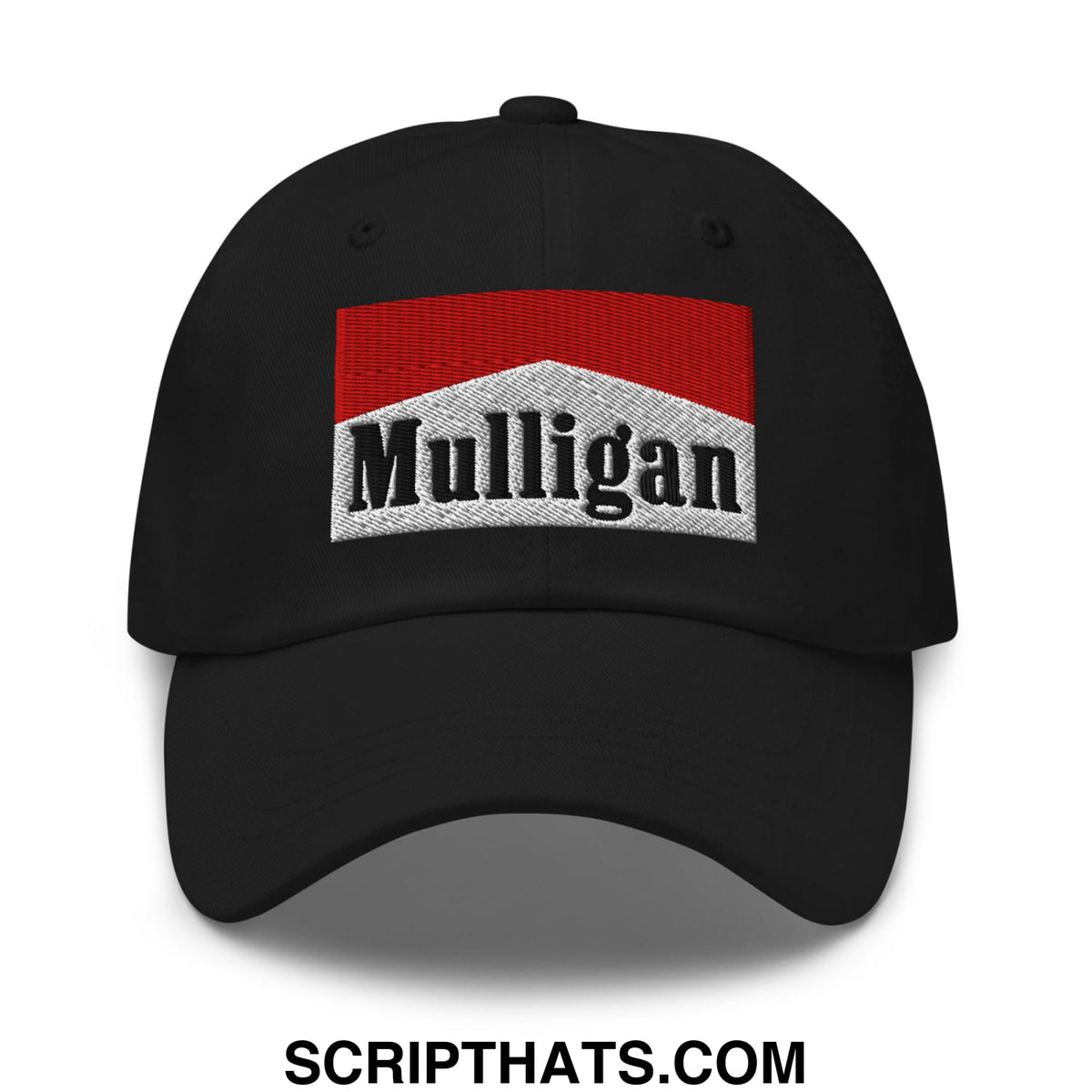Black unstructured golf dad hat with red and white embroidered mulligan logo inspired by marlboro design
