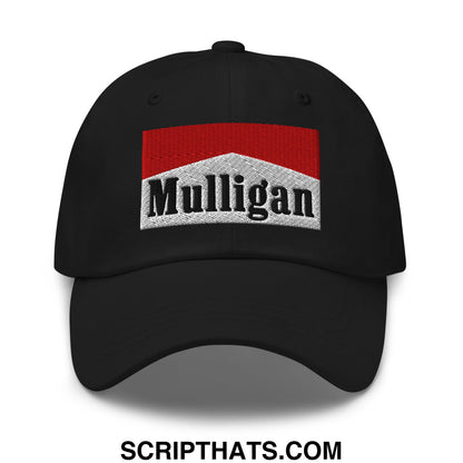 Black unstructured golf dad hat with red and white embroidered mulligan logo inspired by marlboro design