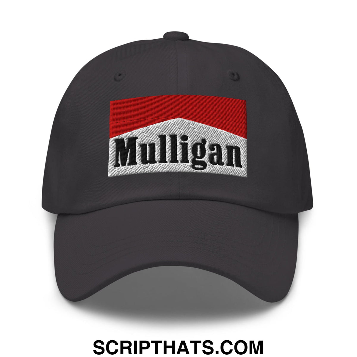 Dark gray unstructured golf dad hat with red and white rectangular embroidered logo above black mulligan lettering