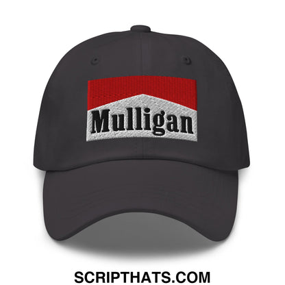 Dark gray unstructured golf dad hat with red and white rectangular embroidered logo above black mulligan lettering