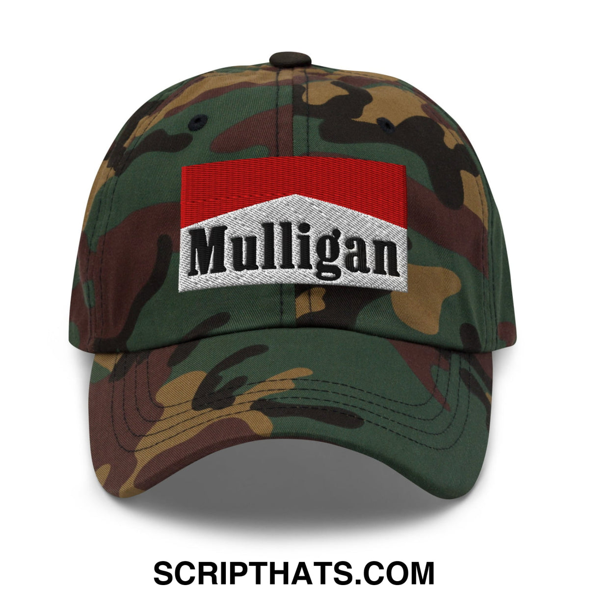Camouflage baseball cap with a red and white embroidered mulligan logo patch unstructured golf dad hat