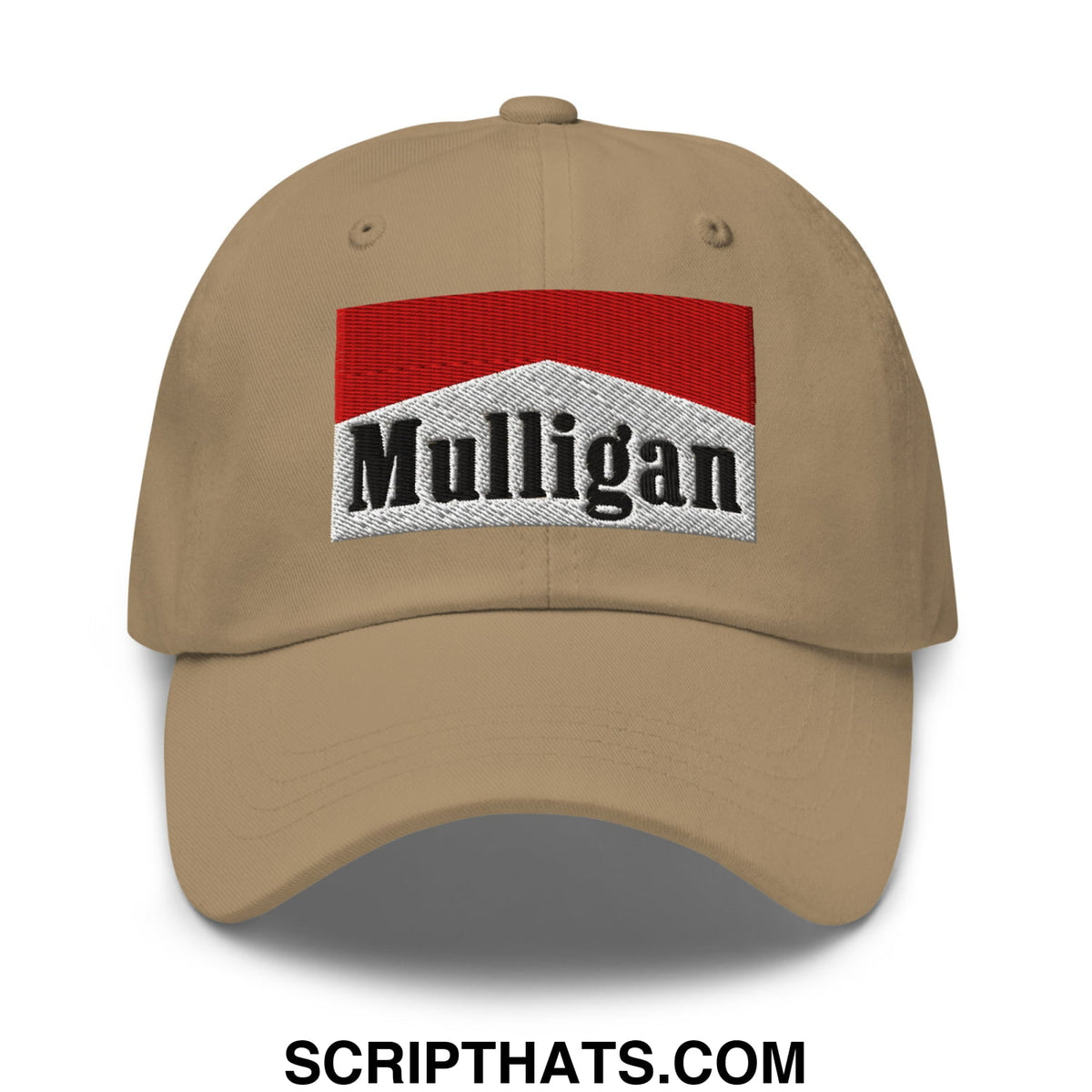Beige unstructured golf dad hat featuring a red and silver embroidered mulligan logo perfect for casual wear