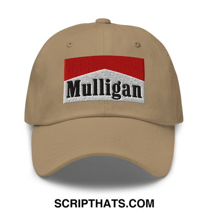 Beige unstructured golf dad hat featuring a red and silver embroidered mulligan logo perfect for casual wear