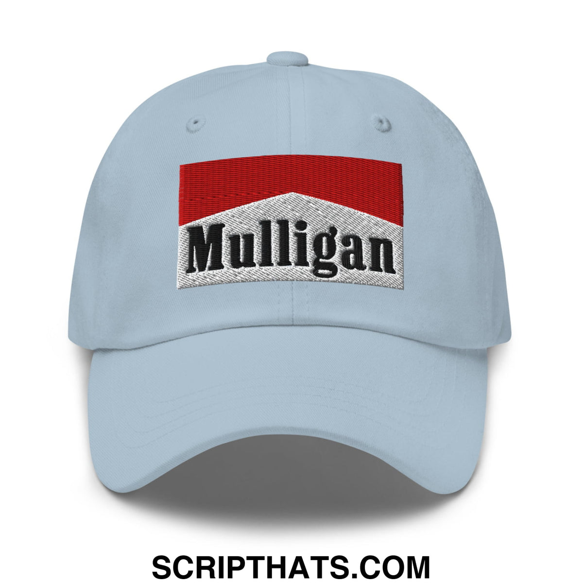 Light blue unstructured golf dad hat with red and silver mulligan cigarette embroidered logo