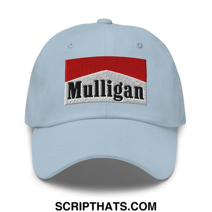 Light blue unstructured golf dad hat with red and silver mulligan cigarette embroidered logo