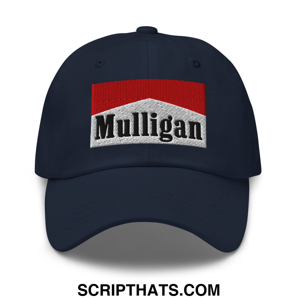 Navy blue unstructured golf dad hat featuring a red and white embroidered mulligan cigarette logo on the front