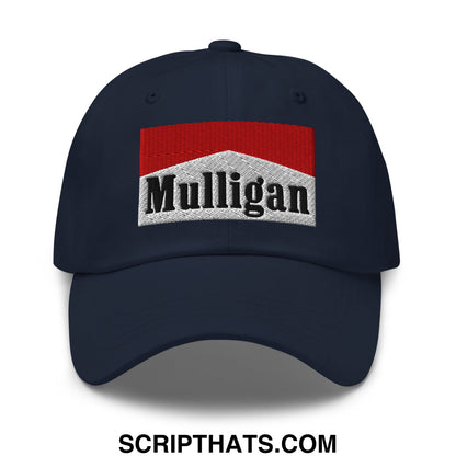 Navy blue unstructured golf dad hat featuring a red and white embroidered mulligan cigarette logo on the front