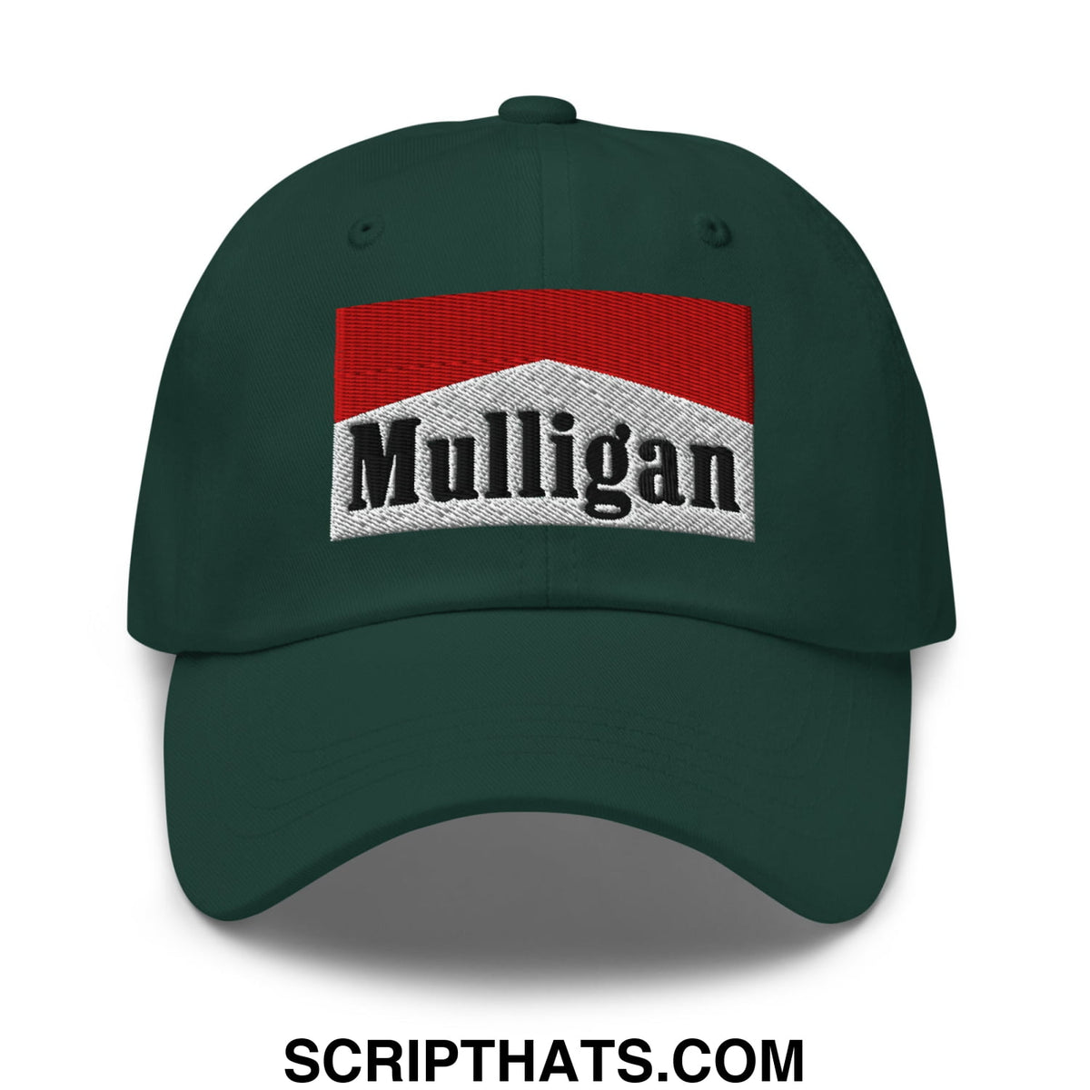 Dark green unstructured golf dad hat with mulligan cigarette logo embroidered in red and white