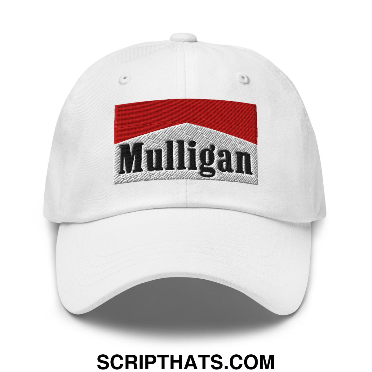 White unstructured golf dad hat featuring a red and gray embroidered mulligan logo with black lettering