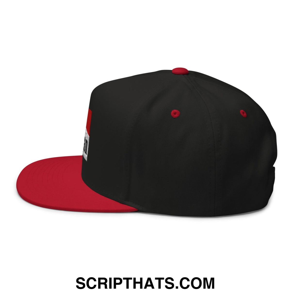 Black and red mulligan cigarette snapback hat with flat brim and embroidered side branding for golf use