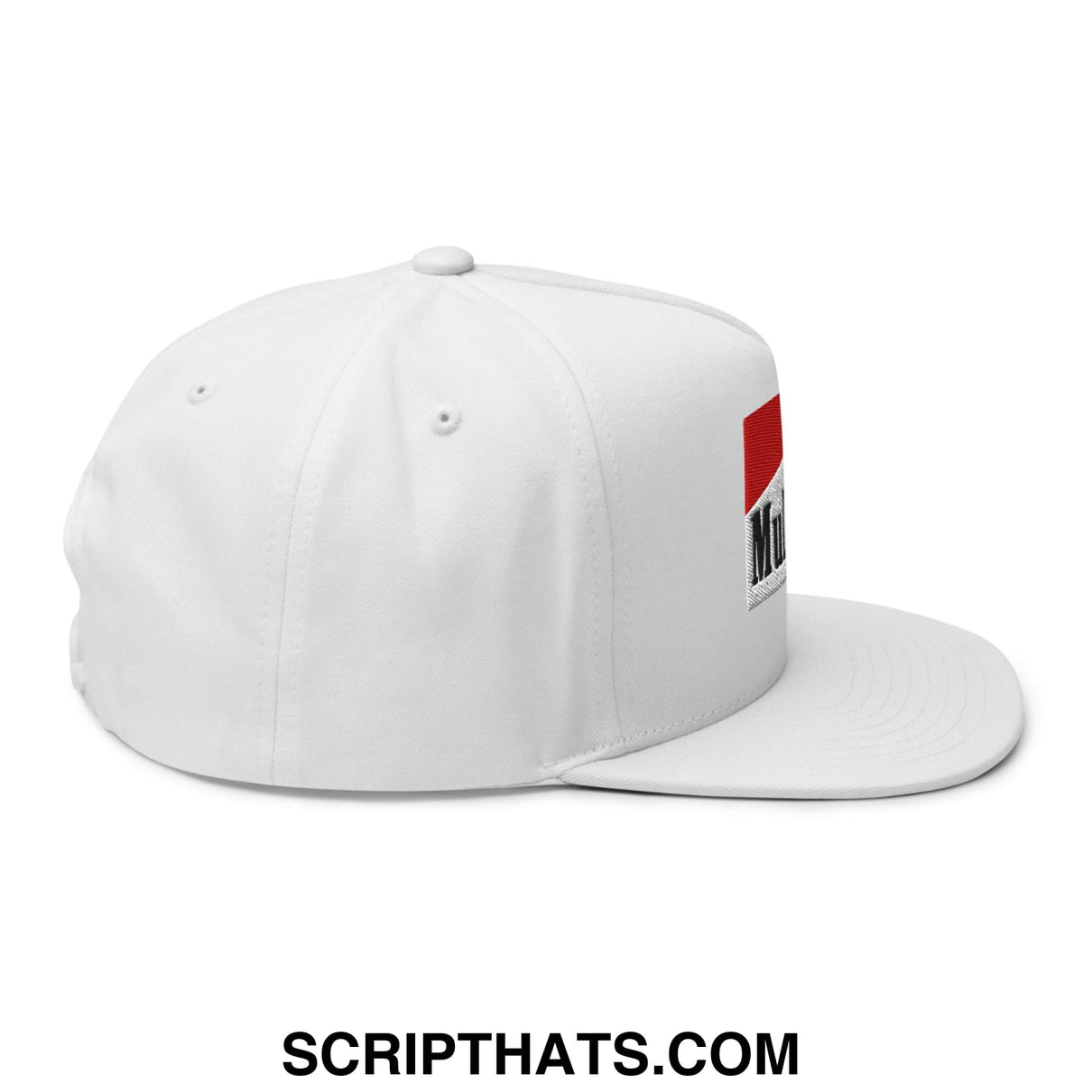 White mulligan cigarette red flat brim bill 5 panel golf snapback hat with a red and black embroidered side logo