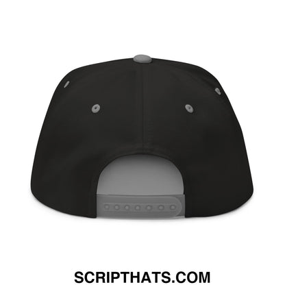 Black mulligan cigarette red flat brim 5 panel golf snapback hat back view with gray adjustable strap and button