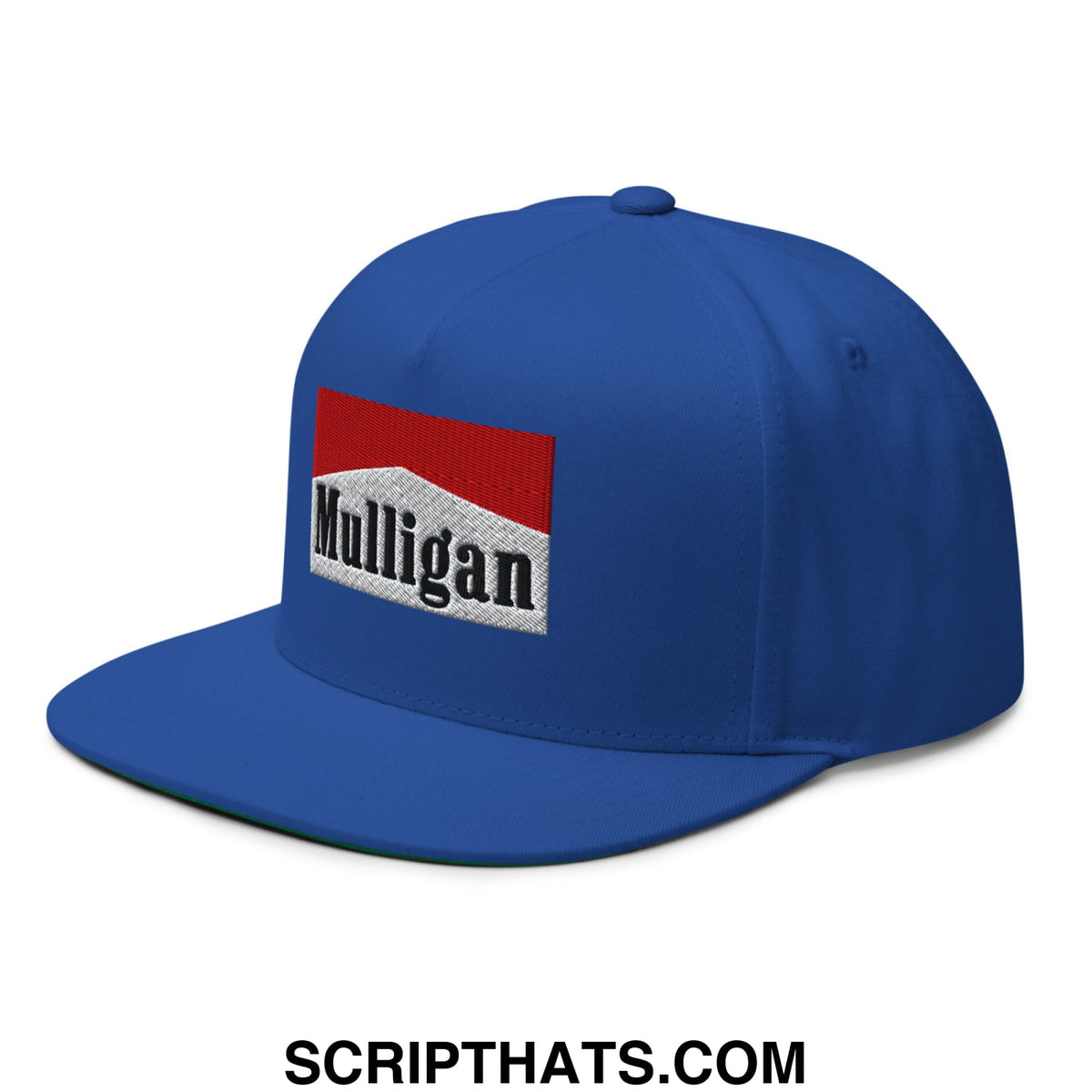 Blue snapback cap with red and white embroidered mulligan logo patch featuring a flat brim and five panel design