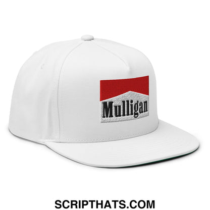 White mulligan cigarette snapback hat with embroidered red and gray mulligan logo and flat brim bill