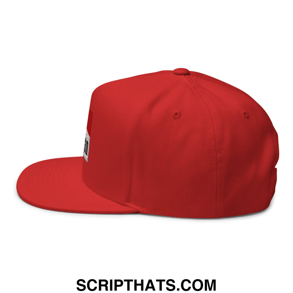 Red mulligan cigarette flat brim 5 panel golf snapback hat with a small white rectangular patch on the side