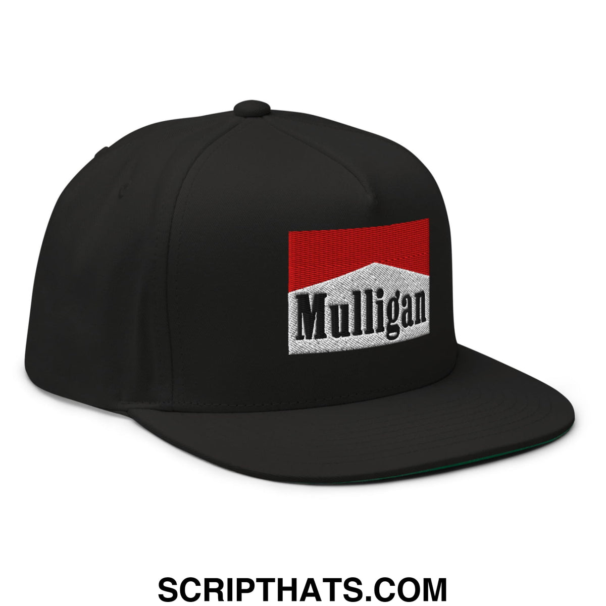 Black 5 panel golf snapback hat with red and white embroidered mulligan logo and flat brim bill