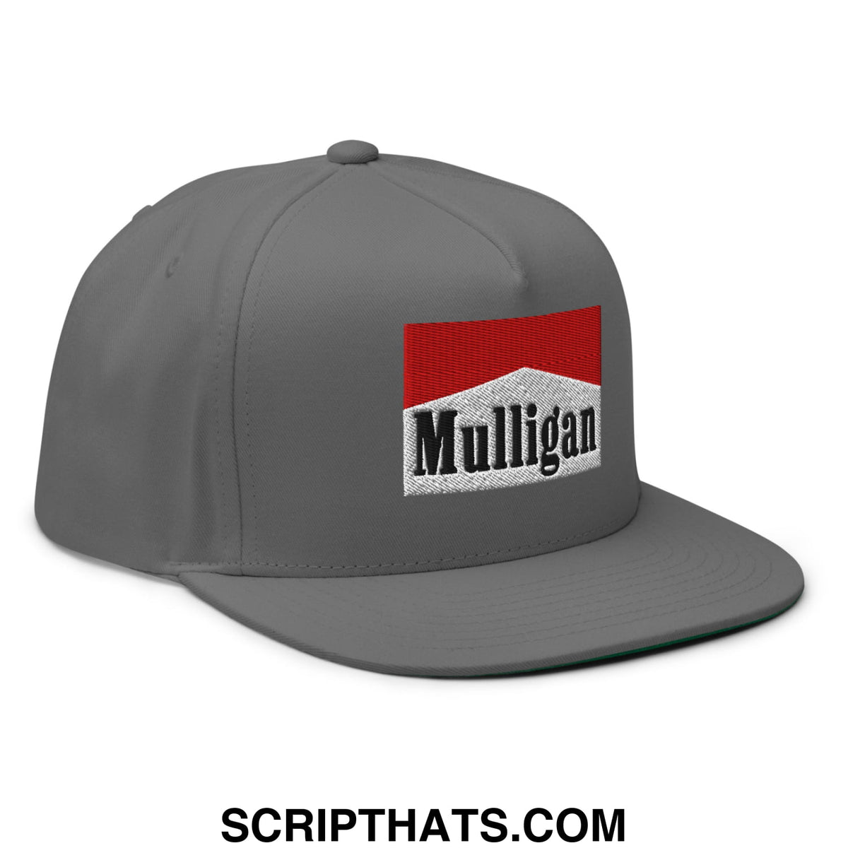 Gray snapback cap with embroidered mulligan logo in red and white featuring a flat brim for golf use