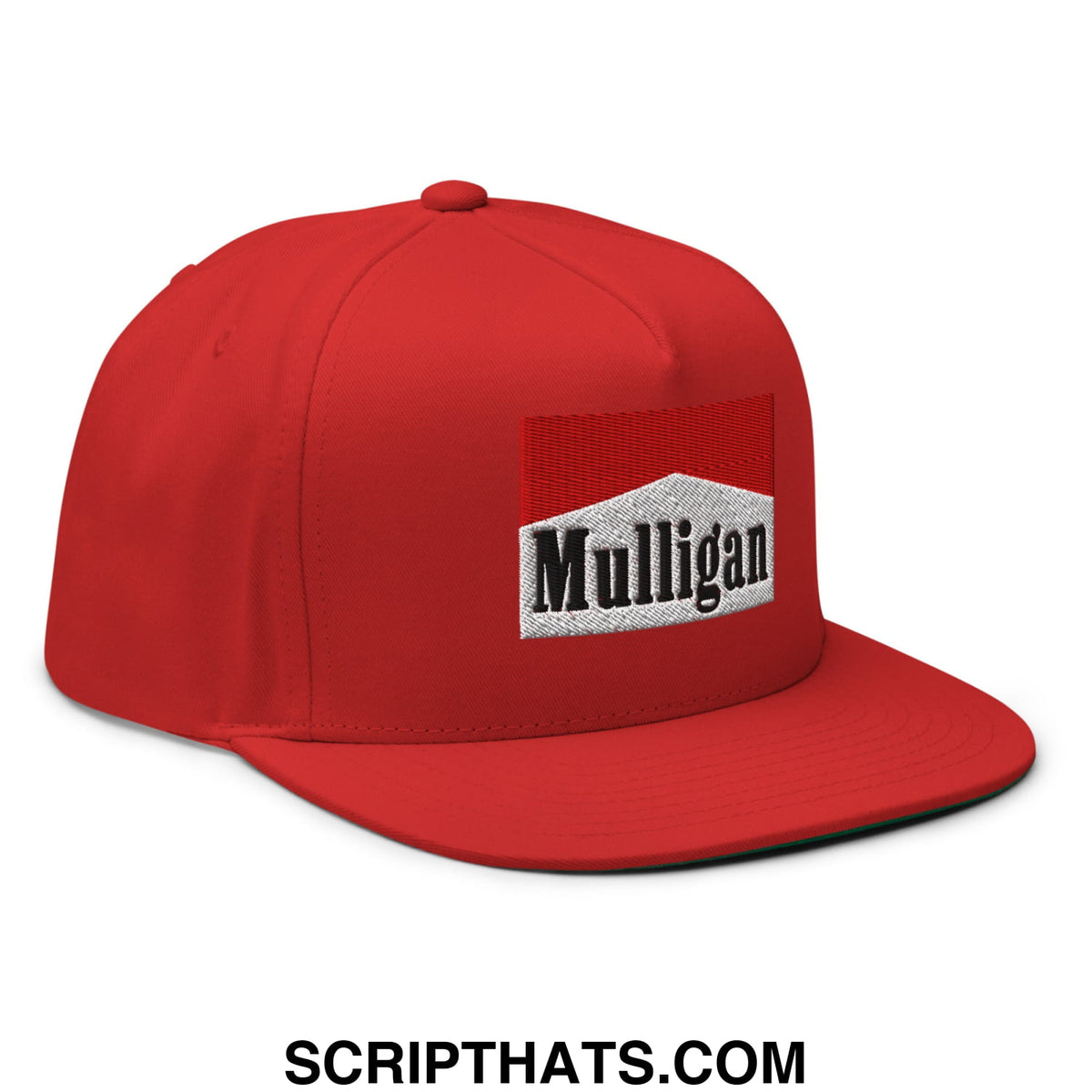 Red flat brim bill 5 panel golf snapback hat with white and black embroidered mulligan logo patch