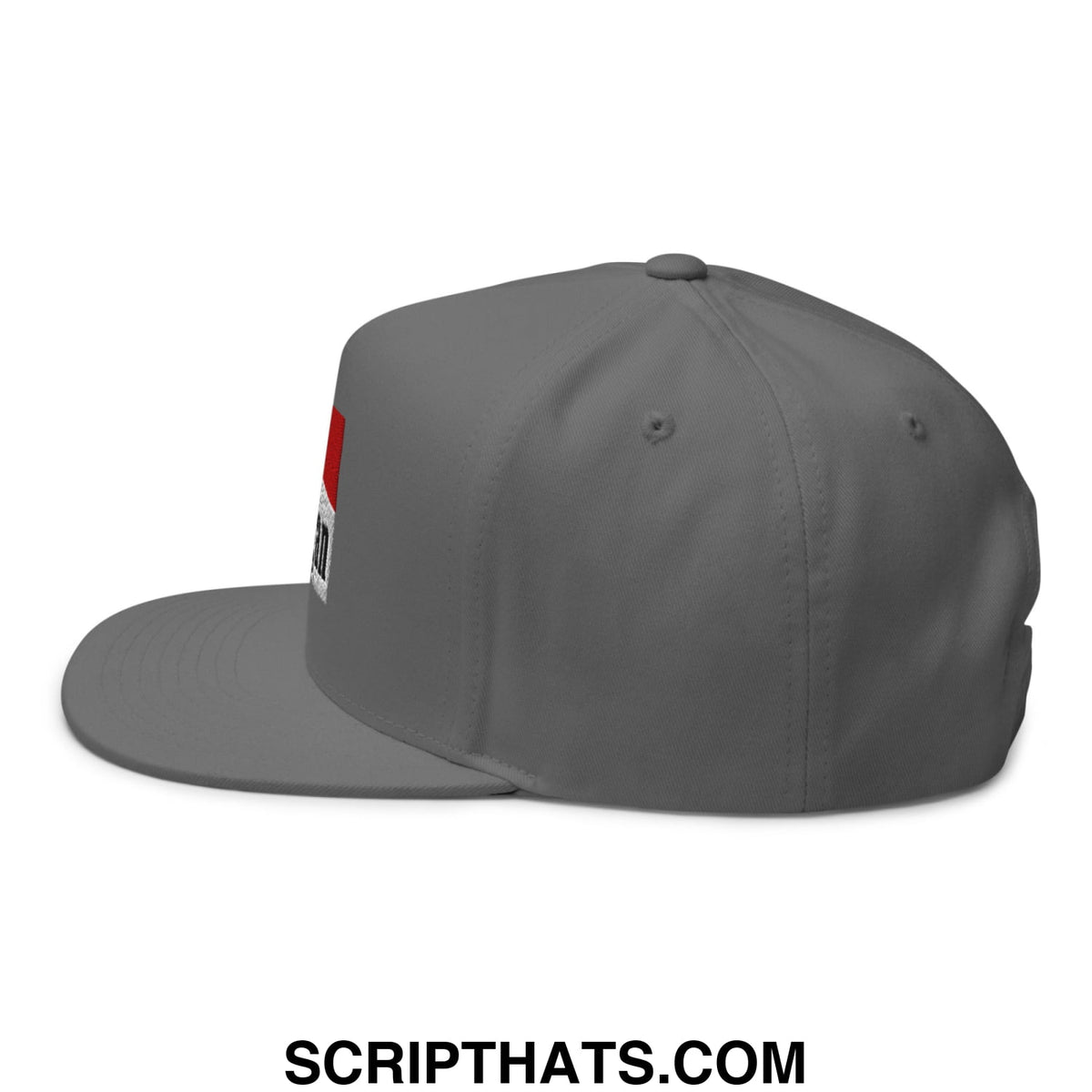 Gray Mulligan Cigarette red flat brim 5 panel golf snapback hat with red and white logo on the side