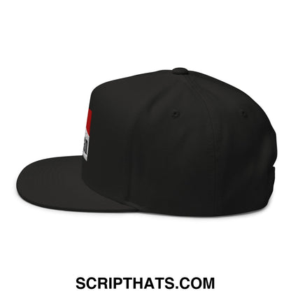 Black mulligan cigarette red flat brim 5 panel golf snapback hat with a red and white rectangular side logo